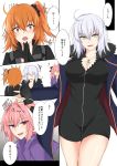  1boy 2girls ahoge astolfo_(fate) bangs black_dress black_gloves black_ribbon black_scrunchie black_shirt blue_jacket blush breasts cleavage collarbone comic command_spell commentary_request cowboy_shot dress eyebrows_visible_through_hair eyelashes fang fate/grand_order fate_(series) from_behind fujimaru_ritsuka_(female) fur_trim gloves gradient gradient_background grey_background hair_between_eyes hair_intakes hair_ornament hair_ribbon hair_scrunchie heart highres jacket jeanne_d&#039;arc_(alter)_(fate) jeanne_d&#039;arc_(fate)_(all) jewelry large_breasts long_sleeves looking_at_viewer multicolored_hair multiple_girls one_side_up open_clothes open_jacket open_mouth orange_hair own_hands_together palms_together pendant pink_hair piro_(iiiiiiiiii) portrait purple_jacket ribbon scrunchie shirt short_dress short_hair silver_hair simple_background smile sparkle speech_bubble standing streaked_hair striped striped_shirt thighs translation_request trap violet_eyes white_background white_hair wicked_dragon_witch_ver._shinjuku_1999 yellow_eyes 