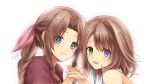  2girls :d aerith_gainsborough backlighting bangs bare_shoulders blue_eyes brown_hair closed_mouth eyebrows_visible_through_hair final_fantasy final_fantasy_vii final_fantasy_x fingernails green_eyes hair_between_eyes hair_intakes hair_ribbon hand_holding interlocked_fingers long_hair looking_at_viewer multiple_girls open_mouth pink_ribbon ribbon sasanomesi short_hair simple_background smile upper_body white_background yuna_(ff10) 