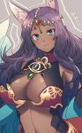 1girl animal_ear_fluff animal_ears artist_request bare_shoulders blue_eyes breasts center_opening dark_skin fate/grand_order fate_(series) large_breasts long_hair midriff purple_hair queen_of_sheba_(fate/grand_order) 
