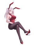  1girl absurdres alternate_costume animal_ears armpits azur_lane black_legwear breasts bunnysuit covered_navel eyebrows_visible_through_hair finger_to_mouth full_body hc_(user_tem2272) high_heels highres invisible_chair large_breasts legs_crossed long_hair looking_at_viewer mole mole_on_breast multicolored_hair orange_eyes pantyhose prinz_eugen_(azur_lane) rabbit_ears red_footwear redhead sideboob silver_hair simple_background sitting sleeveless solo twintails two-tone_hair white_background 
