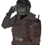  1girl backpack bag baseball_cap black_gloves ear_protection ela_(rainbow_six_siege) fingerless_gloves gloves goggles goggles_on_headwear green_hair hand_to_hat hat headset hood hood_down jacket jacket_on_shoulders long_sleeves looking_at_viewer military military_uniform qwe1007 rainbow_six_siege shade short_hair simple_background solo uniform white_background 