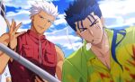  +++ 3boys akujiki59 archer_(fate) bangs blonde_hair blue_hair blurry character_request cigarette clouds collared_shirt commentary_request cu_chulainn_(fate) cu_chulainn_(fate/stay_night) day earrings fate_(series) frown green_shirt half-closed_eyes hat holding holding_clothes holding_hat jewelry male_focus mouth_hold multiple_boys outdoors parted_lips red_eyes red_vest shirt short_hair sky smile spiky_hair vest white_hair wristband zipper_pull_tab 