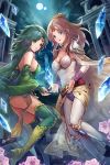  2girls bare_shoulders blonde_hair blue_eyes boots breasts bridal_gauntlets cape circlet cleavage crystal detached_sleeves earrings final_fantasy final_fantasy_iv full_moon green_eyes green_hair green_legwear high_heel_boots high_heels jewelry long_hair long_sleeves looking_at_viewer medium_breasts moon multiple_girls open_mouth pantyhose ponytail rosa_farrell rydia sasanomesi shoulder_pads showgirl_skirt spikes thigh-highs white_cape white_legwear yellow_footwear 