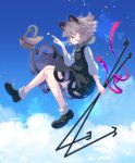  1girl ahoge animal animal_ears basket black_dress black_footwear bloomers blue_sky blush clouds day dowsing_rod dress from_side full_body grey_hair hand_up holding iris_anemone jewelry looking_away midair mouse mouse_ears mouse_tail nazrin necklace outdoors pendant pink_eyes pink_ribbon profile ribbon shoes short_hair sky smile socks solo star tail touhou triangle underwear white_legwear 