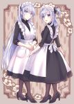  2girls alternate_costume apron bangs black_dress black_legwear black_ribbon breasts commentary_request dated dress enmaided eyebrows_visible_through_hair fuyutsuki_(kancolle) hair_between_eyes hair_ribbon highres kabocha_torute kantai_collection long_hair maid maid_headdress multiple_girls one_side_up pantyhose parted_lips ribbon side_ponytail simple_background smile standing suzutsuki_(kancolle) twitter_username very_long_hair white_apron white_hair 