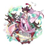  artist_request blue_eyes brown_hair china_dress chinese_clothes dragalia_lost dress fan lin_you long_sleeves looking_at_viewer non-web_source official_art pagoda panda standing wide_sleeves 