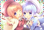  2girls :d ;d amedamacon bangs beret blue_eyes blue_hair blue_jacket blush brown_hair brown_ribbon brown_skirt brown_sweater collared_shirt commentary_request eyebrows_visible_through_hair foreshortening gochuumon_wa_usagi_desu_ka? hair_between_eyes hat hoto_cocoa jacket kafuu_chino long_hair long_sleeves multiple_girls neck_ribbon one_eye_closed open_clothes open_jacket open_mouth outstretched_arm pleated_skirt red_hat red_sweater ribbon shirt skirt smile sweater twintails violet_eyes white_hat white_jacket white_shirt 
