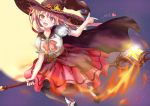  1girl :d absurdres black_cape black_hat black_legwear caing_zhihuang cape dress fire flame hat heart highres long_hair moon night night_sky open_mouth outdoors pink_hair pink_neckwear pointing puffy_short_sleeves puffy_sleeves red_dress red_eyes short_sleeves sidesaddle sky smile solo staff staff_riding very_long_hair witch_hat 