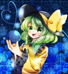  1girl :d bangs blouse blue_flower blue_rose blush bow eyeball fingernails flower frilled_shirt_collar frills green_eyes green_hair hat hat_bow heart heart_of_string komeiji_koishi long_sleeves looking_at_viewer natsune_ilasuto open_mouth rose short_hair smile solo stitches third_eye thorns touhou wide_sleeves 
