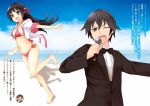  1boy 1girl :d ;d barefoot beach bell bikini black_hair black_jacket black_neckwear blue_sky blurry blurry_background breasts brown_eyes cleavage clouds day eyebrows_visible_through_hair floating_hair front-tie_bikini front-tie_top hair_ribbon halterneck highres holding holding_microphone hood hood_down hooded_jacket jacket jingle_bell leg_up long_hair medium_breasts microphone novel_illustration ocean official_art one_eye_closed onii-chan_dakedo_ai_sae_areba_kankeinai_yo_ne open_clothes open_jacket open_mouth outdoors outstretched_arm red_bikini red_ribbon ribbon shirt side-tie_bikini sideboob sky smile swimsuit uruu_gekka very_long_hair white_jacket white_shirt 