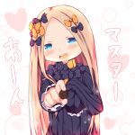  1girl :d abigail_williams_(fate/grand_order) bangs black_bow black_dress blonde_hair blue_eyes blush bow chocolate commentary_request dress eyebrows_visible_through_hair fate/grand_order fate_(series) fingernails food forehead hair_bow head_tilt heart highres holding holding_food long_hair long_sleeves no_hat no_headwear open_mouth orange_bow outstretched_arm parted_bangs polka_dot polka_dot_bow sleeves_past_fingers sleeves_past_wrists smile solo su_guryu translated upper_body upper_teeth valentine very_long_hair 