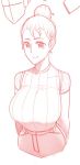  1girl arms_behind_back breasts covered_collarbone ekz_(drawfag) hair_bun large_breasts monochrome original red ribbed_shirt shirt shirt_tucked_in short_sleeves simple_background sketch smile solo upper_body white_background 