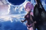  1girl absurdres armor backlighting bare_shoulders blue_sky blush breasts closed_mouth clouds cloudy_sky cowboy_shot day elbow_gloves fantasy fate/grand_order fate_(series) gauntlets gloves hair_over_one_eye highres holding_shield horizon jjeono large_breasts looking_at_viewer mash_kyrielight ocean outdoors purple_hair reflection shield short_hair sidelocks sky sleeveless smile solo standing thigh_strap thighs violet_eyes water 