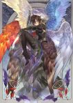  1boy absurdres angel_wings armor black_legwear boots brown_hair fingerless_gloves gloves granblue_fantasy highres hood hood_down male_focus multicolored multicolored_wings multiple_wings osamu_(jagabata) red_eyes sandalphon_(granblue_fantasy) seraph short_hair smile solo sword weapon wings 