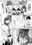  1boy 3girls :d ^_^ ^o^ bed blush breasts chocolate cleavage cloak closed_eyes closed_eyes comic commentary_request fate/grand_order fate_(series) fujimaru_ritsuka_(male) greyscale head_wings highres hildr_(fate/grand_order) hood hooded_cloak long_hair looking_at_viewer monochrome multiple_girls ono_misao open_mouth ortlinde_(fate/grand_order) short_hair sitting smile sweatdrop thigh-highs thrud_(fate/grand_order) translation_request valkyrie_(fate/grand_order) 