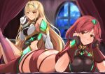  2girls armor bangs bed blonde_hair blush breasts cleavage cleavage_cutout covered_navel dress earrings fingerless_gloves gem gloves headpiece mythra_(xenoblade) pyra_(xenoblade) jewelry kanzaki_kureha large_breasts long_hair looking_at_viewer multiple_girls night nintendo red_eyes red_shorts redhead short_hair shorts shoulder_armor smile swept_bangs thigh_strap tiara window xenoblade_(series) xenoblade_2 yellow_eyes 
