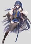  1girl belt blue_hair boots braid commentary_request elbow_gloves fingerless_gloves full_body fur_trim gloves highres katana long_hair original sheath sheathed simple_background sleeveless solo sword thigh-highs tobacco_(tabakokobata) very_long_hair violet_eyes weapon 