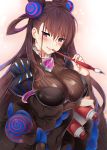  1girl arm_under_breasts bangs black_dress blush breasts brown_hair calligraphy_brush closed_mouth covered_navel double_bun dress fate/grand_order fate_(series) hair_between_eyes hair_ornament highres kawai large_breasts long_hair long_sleeves looking_at_viewer murasaki_shikibu_(fate) paintbrush puffy_sleeves scroll smile solo valentine very_long_hair violet_eyes 