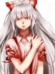  1girl blood bloody_clothes colored_eyelashes eyebrows_visible_through_hair frown fujiwara_no_mokou grey_hair hair_ribbon highres kuya_(hey36253625) long_hair looking_at_viewer red_eyes ribbon scowl solo suspenders tied_hair torn_clothes torn_sleeves touhou upper_body white_background white_hair 