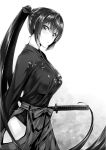  1girl bare_hips breasts cowboy_shot eyebrows_visible_through_hair floating_hair gradient gradient_background greyscale hair_between_eyes hakama high_ponytail highres hisasi japanese_clothes katana kimono large_breasts long_hair long_sleeves looking_at_viewer monochrome monogusa_neneko_no_taida_na_tanteichou novel_illustration official_art sheath sheathed shiny shiny_hair solo standing sword very_long_hair weapon white_background yomisaka_neneko 