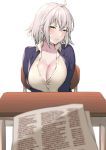  ahoge alternate_costume blazer blush breasts cleavage collarbone collared_shirt desk fate/grand_order fate_(series) highres itohana jacket jeanne_d&#039;arc_(alter)_(fate) jeanne_d&#039;arc_(fate)_(all) large_breasts looking_at_viewer partially_unbuttoned shirt short_hair silver_hair sitting white_shirt yellow_eyes 