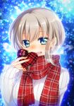 1girl :d aoba_moca aqua_eyes bang_dream! blue_background blurry blush bokeh box breath depth_of_field gift grey_hair heart-shaped_box highres holding holding_gift long_sleeves looking_at_viewer open_mouth plaid plaid_scarf red_scarf ribbed_sweater scarf short_hair sleeves_past_wrists smile snowing solo sweater tsurugi_hikaru upper_body valentine white_sweater