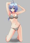  1girl ahoge armpits barefoot blue_hair bra breasts cleavage collarbone eyebrows_visible_through_hair floating_hair full_body green_eyes grey_background grey_bra grey_panties groin hair_between_eyes k3rd kneeling long_hair medium_breasts navel original panties shiny shiny_hair shiny_skin simple_background solo underwear underwear_only 