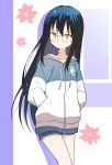  1girl absurdres black_hair blush bural_chingu glasses highres hood hoodie ju_hyeon-mi long_hair looking_at_viewer luke_(dydansgur) red-framed_eyewear short_shorts shorts solo yellow_eyes 