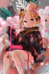  1girl abigail_williams_(fate/grand_order) absurdres balloon bandaid_on_forehead bangs belt black_bow black_jacket blonde_hair blue_eyes blush bow box crossed_bandaids danyagoe fate/grand_order fate_(series) forehead gift gift_box hair_bow hair_bun heroic_spirit_traveling_outfit high_collar highres jacket licking_lips long_hair long_sleeves looking_at_viewer orange_bow parted_bangs pink_ribbon plant polka_dot polka_dot_bow ribbon sitting smile solo thighs tongue tongue_out 