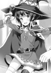  1girl arm_grab asymmetrical_legwear bandage bandaged_leg bandages belt blush cape collarbone cowboy_shot dress fingerless_gloves gloves greyscale hand_on_shoulder hat highres kono_subarashii_sekai_ni_shukufuku_wo! long_sleeves megumin mishima_kurone monochrome novel_illustration official_art open_mouth short_dress standing sweatdrop thigh-highs witch_hat 