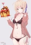  1girl :p ahoge apple_slice artoria_pendragon_(all) bangs bikini black_bikini blonde_hair blue_ribbon blush breasts brown_jacket cake cleavage closed_mouth collarbone cowboy_shot dated drawstring eyebrows_visible_through_hair fate/stay_night fate_(series) food fork frilled_bikini_top frills fruit green_eyes hair_ribbon happy_valentine heart highres holding holding_fork holding_plate jacket long_sleeves medium_breasts navel open_clothes open_jacket plate ribbon saber sai_(saipoko) short_hair signature smile solo stomach strawberry swimsuit tongue tongue_out 