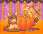  2girls :o animal_ears blush boots bow braid brown_hair candy candy_cane chibi detached_sleeves dress food frilled_skirt frills fur_trim hair_bow hair_ribbon hair_tubes hairband hakurei_reimu happy_halloween hat karioda kirisame_marisa lace large_bow lollipop long_hair long_sleeves multiple_girls pumpkin ribbon side_braid single_braid skirt straight_hair swirl_lollipop tail touhou wavy_hair wide_sleeves witch_hat wolf_ears wolf_tail yellow_neckwear |_| 