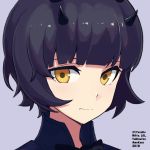  1girl 2018 amekaze_yukinatsu artist_name bangs black_hair blunt_bangs brown_eyes collaboration face horns lavender_background original portrait roru_(lol_dessin) short_hair simple_background solo 