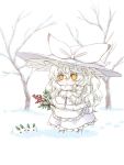  1girl :&lt; albino bare_tree berries boots branch capelet chibi dress expressionless fur_trim hat highres holding_branch karioda kirisame_marisa long_dress mistletoe outdoors snow snow_bunny solo touhou tree wavy_hair white_dress white_footwear white_hair witch_hat yellow_eyes 