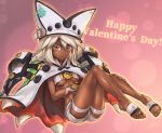  1girl beltbra breasts cape clover commentary dark_skin english_commentary eyelashes floating four-leaf_clover full_body guilty_gear guilty_gear_xrd happy_valentine hat hat_ornament highres legs_together medium_breasts navel orange_eyes outline pauldrons phantom_ix_row platinum_blonde_hair ramlethal_valentine shiny shiny_skin short_shorts shorts solo stomach thigh_strap toeless_legwear toes under_boob 