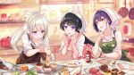  3girls :d apron black_hair blurry blurry_background blush bottle bow brat breasts brown_apron cleavage collarbone collared_shirt commentary_request cupcake depth_of_field dress_shirt fingernails food green_apron hair_bow head_scarf heart high_ponytail highres higuchi_kaede holding indoors long_hair medium_breasts multiple_girls nijisanji open_mouth own_hands_together parted_lips pastry_bag pink_apron pink_bow plate ponytail purple_hair rolling_pin shirt shizuka_rin short_hair short_sleeves silver_hair smile spatula sweat tsukino_mito very_long_hair violet_eyes virtual_youtuber whisk white_bow white_shirt 