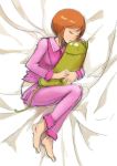  1girl barefoot bed_sheet brown_hair closed_eyes dress_shirt elpeo_puru fetal_position from_above gacha-m gundam gundam_zz jacket lying on_side pajamas panties pants pants_pull parted_lips pink_jacket pink_pants shirt short_hair sketch sleeping solo underwear white_panties 