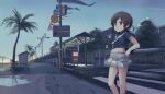  1girl absurdres black_eyes black_hair building child highres lamppost midriff original outdoors palm_tree pleated_skirt road road_sign school_uniform serafuku shirt short_hair sign skirt sky solo tree white_shirt zhongye_yu 