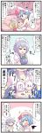  4koma blonde_hair blue_eyes blue_hair breast_padding closed_eyes comic commentary_request dumpling eating flandre_scarlet flat_chest flying_sweatdrops food grey_hair highres incest izayoi_sakuya maid maid_headdress navel open_mouth pointy_ears remilia_scarlet siblings sisters smile sweat tearing_clothes tissue_box topless torn_clothes touhou yellow_eyes yuri yuuutsu_shan 