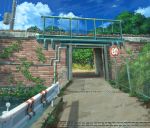  blue_sky canal chain-link_fence clouds day drainpipe fence flower grass no_humans original outdoors pippi_(pixiv_1922055) plant railing road scenery sign sky sunlight telephone_pole transformer tree water 