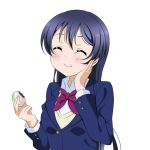  1girl bangs baozi blazer blue_hair blush bow bowtie closed_eyes closed_mouth commentary_request eating eyebrows_visible_through_hair food hair_between_eyes hand_on_own_cheek highres holding holding_food isami_don jacket long_hair long_sleeves love_live! love_live!_school_idol_project otonokizaka_school_uniform red_neckwear school_uniform simple_background smile solo sonoda_umi striped striped_neckwear white_background 