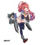  1girl 33_(mkiiiiii) blue_eyes breasts cleavage copyright_name erect_nipples full_body gun highres holding holding_gun holding_weapon impossible_clothes impossible_swimsuit large_breasts lifebuoy official_art one-piece_swimsuit ponytail porter_(warship_girls_r) redhead remodel_(warship_girls_r) school_uniform simple_background smile solo swimsuit thigh-highs turret warship_girls_r weapon white_background windforcelan 