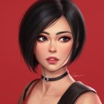  ada_wong bangs bare_shoulders black_choker black_hair brown_eyes choker collarbone commentary_request eyeshadow lips looking_away looking_to_the_side makeup parted_bangs parted_lips portrait red_background resident_evil short_hair signature simple_background umigraphics 