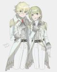  1boy 1girl :p androgynous blonde_hair bow cravat cropped_legs darling_in_the_franxx earrings gloves green_eyes green_hair grey_background grey_eyes highres jewelry nine_alpha nine_delta pants short_hair simple_background tongue tongue_out unapoppo white_gloves white_pants 