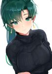  1girl bangs black_sweater blush breasts closed_mouth crossed_arms earrings eyebrows_visible_through_hair fire_emblem fire_emblem:_rekka_no_ken green_eyes green_hair highres jewelry lips long_hair long_sleeves looking_at_viewer lyndis_(fire_emblem) medium_breasts nintendo ormille ponytail simple_background solo sparkle sweater turtleneck turtleneck_sweater upper_body 