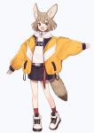  1girl :d animal_ears bell bell_collar belt black_skirt bob_cut brown_eyes brown_hair coat collar commentary ears_up fox_ears fox_girl fox_tail hood hoodie open_mouth original oversized_clothes red_belt red_footwear shoes short_hair shugao simple_background skirt sleeves_past_wrists smile sneakers socks tail white_background white_hoodie yellow_coat 