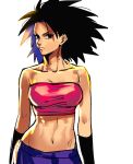  1girl arms_at_sides bangs bare_arms bare_shoulders black_eyes black_hair caulifla dragon_ball dragon_ball_super expressionless eyelashes highres looking_away multicolored_hair navel okada_(hoooojicha) pants pink_tank_top purple_hair purple_pants shaded_face simple_background solo spiky_hair standing stomach tank_top two-tone_hair upper_body white_background wristband 
