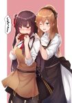  2girls ;d absurdres apron bangs black_skirt blush breasts brown_hair casual collared_shirt commentary_request embarrassed eyebrows_visible_through_hair flugel_(kaleido_scope-710) gift girls_frontline green_eyes hair_between_eyes hair_ribbon hair_rings half_updo high-waist_skirt highres holding holding_gift large_breasts long_hair long_sleeves looking_at_viewer m1903_springfield_(girls_frontline) multiple_girls necktie one_eye_closed one_side_up open_mouth outside_border pantyhose ponytail purple_hair red_eyes red_neckwear ribbon shirt sidelocks skirt sleeves_folded_up smile striped striped_shirt valentine very_long_hair wa2000_(girls_frontline) 