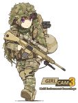  1girl backpack bag bangs black_hair body_armor boots brown_footwear brown_jacket brown_pants camouflage camouflage_jacket camouflage_pants closed_mouth combat_boots english_text full_body ghillie_suit gun harness holding holding_gun holding_weapon jacket knee_pads light_frown long_sleeves looking_to_the_side military original pants scope short_hair simple_background solo standing tacit_ronin tantu_(tc1995) trigger_discipline utility_pole violet_eyes walking weapon weapon_request white_background 