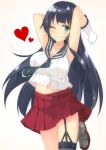  1girl ;) agano_(kantai_collection) anchor_symbol arms_up bangs bare_shoulders beritabo black_hair black_neckwear black_sailor_collar blush breasts brown_background brown_legwear commentary_request elbow_gloves eyebrows_visible_through_hair garter_straps gloves green_eyes grey_footwear head_tilt heart kantai_collection large_breasts long_hair navel necktie one_eye_closed pleated_skirt print_neckwear red_skirt sailor_collar shirt shoes simple_background skirt sleeveless sleeveless_shirt smile solo standing standing_on_one_leg thigh-highs very_long_hair white_gloves white_shirt 